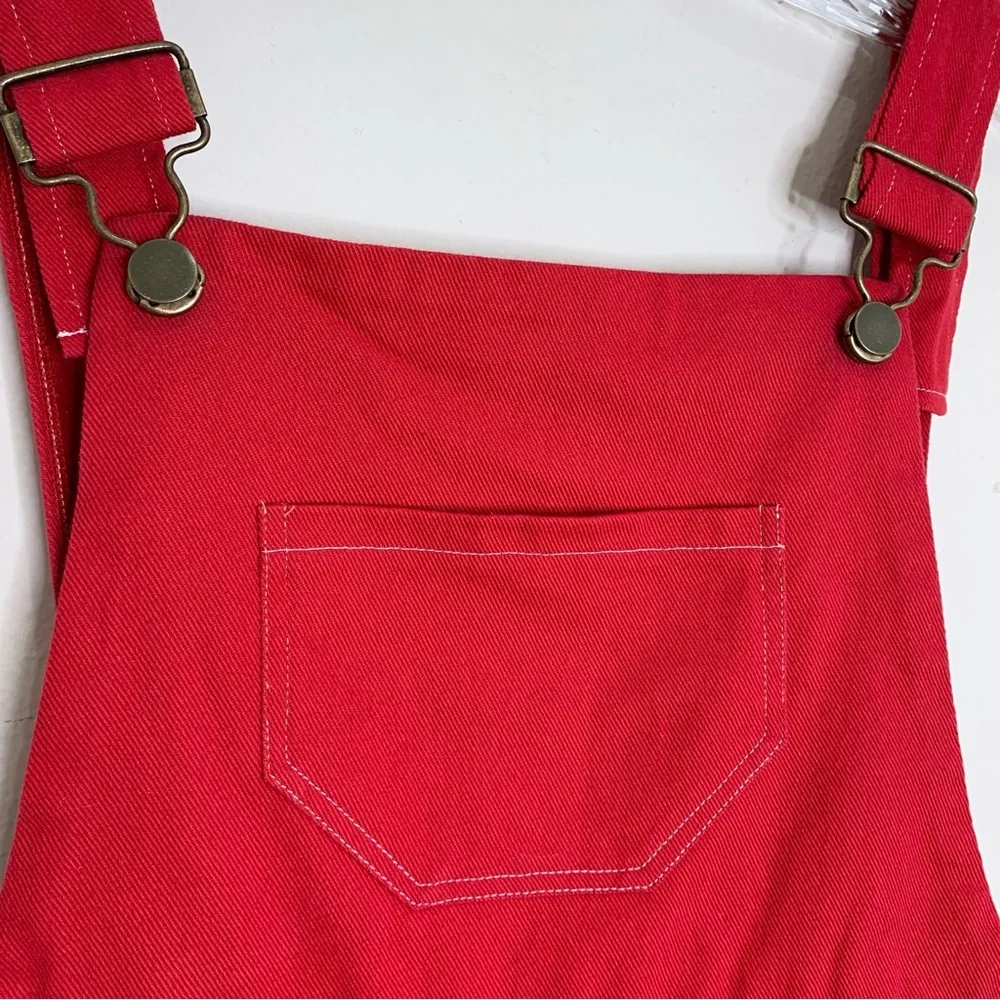 Lykke Wullf Anita Overall Mini Dress (Sz M) A-Line Patch Pocket Red Twill Cotton - Picture 7 of 16